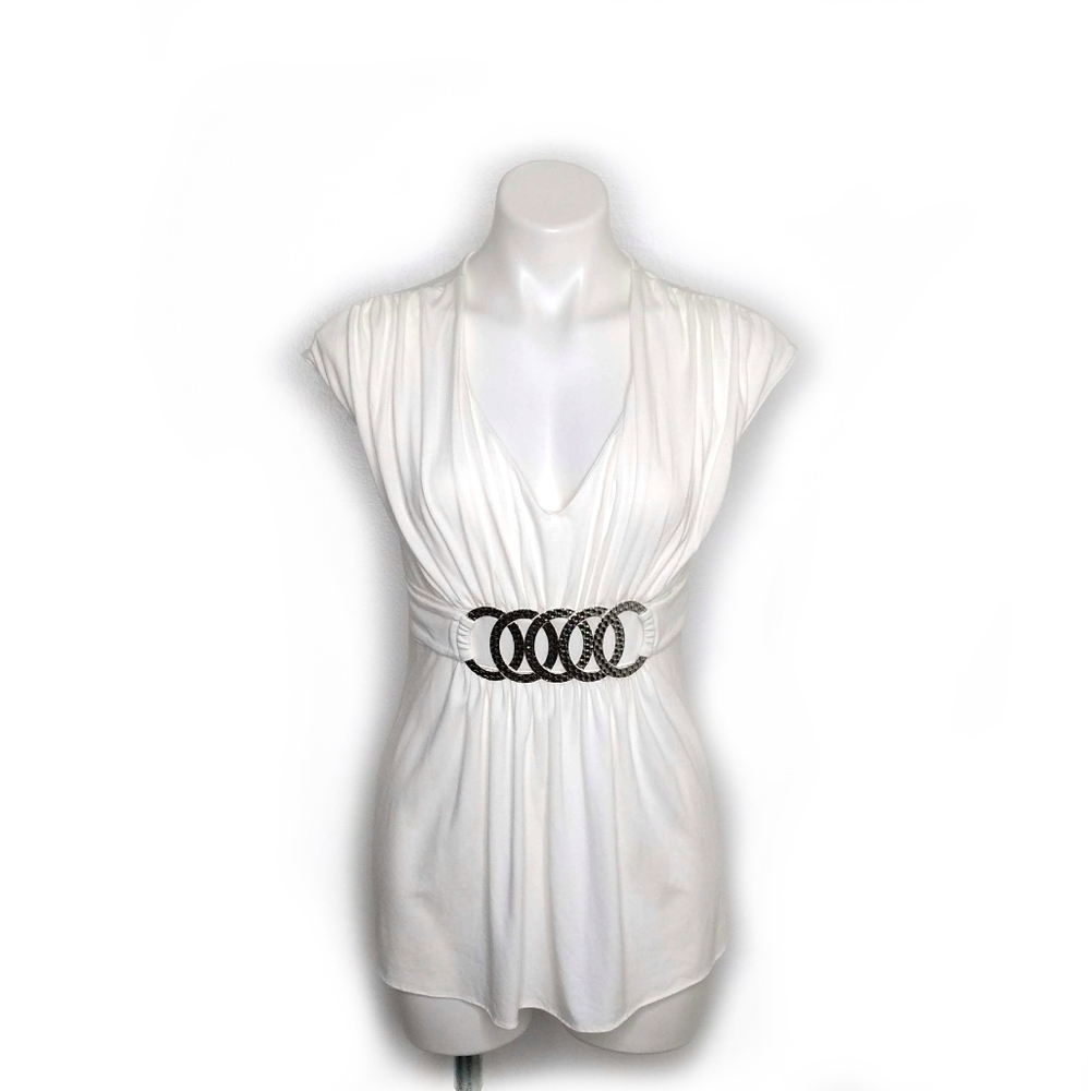 White House Black Market White Blouse with Textured Metal Belt